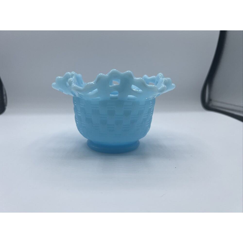Fenton Blue Satin Basket Weave Bowl Vase Candy Dish Reticulated 1970’s Vintage